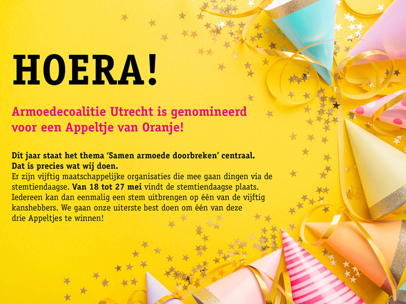 Armoedecoalitie Utrecht kanshebber voor Appeltje van Oranje